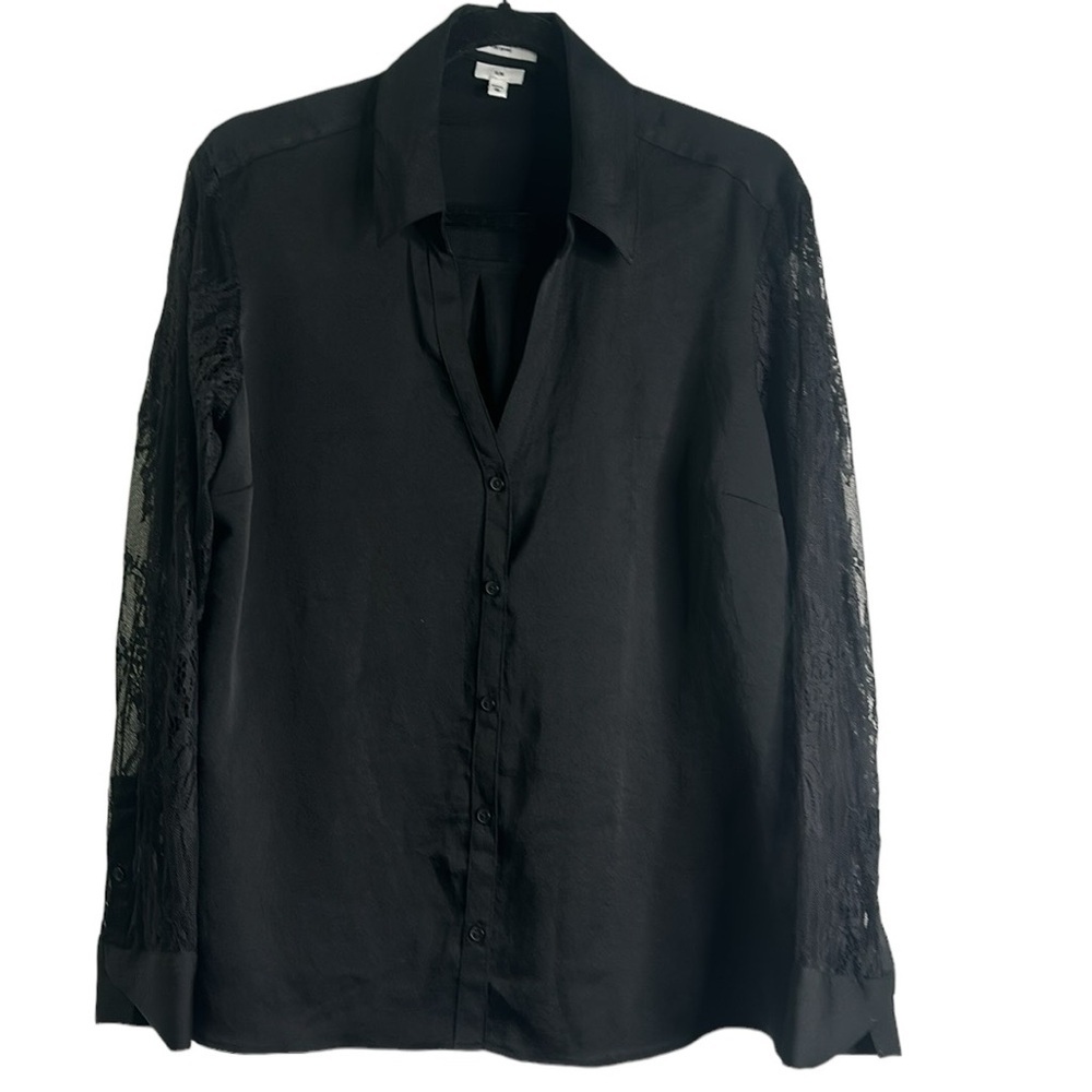 Express slim fit button down black blouse sheer lace sleeves size XlArge office